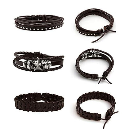MILAKOO 6Pcs Punk Leather Bracelets for Women Men Braided PU Wristband Skull Skeleton Accessories - color: B: Black&Brown