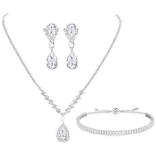 sailimue Wedding Jewelry Sets for Brides Bridesmaid Women Prom jewelry | Silver Plated Rhinestone Crystal Necklace Bracelet Earrings Wedding Bridal Bridesmaid Costume Accessories - color: Silver B