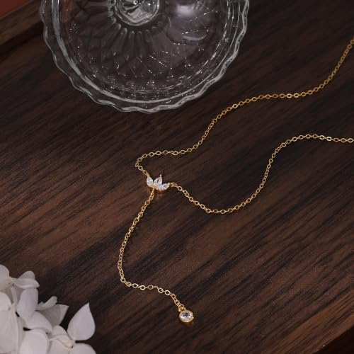 Long Necklaces for Women, Cute 14K Gold Plated CZ Drop Necklace | Dainty Gold Necklace, Simple CZ Teardrop Clover Y Shaped Lariat Necklace,Statement Non Tarnish Necklace, Trendy Gold Jewelry - color: Gold-Leaf Drop