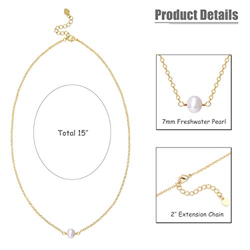 Aobei Pearl 18K Gold Plated Paperclip Chain Choker Satellite Chain Freshwater Cultured Biwa Pearl Pendant Necklace Dainty Turquoise Jewelry for Women - color: White Single Freshwater Cultured Pearl Choker