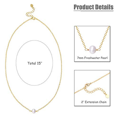 Aobei Pearl 18K Gold Plated Paperclip Chain Choker Satellite Chain Freshwater Cultured Biwa Pearl Pendant Necklace Dainty Turquoise Jewelry for Women - color: White Single Freshwater Cultured Pearl Choker