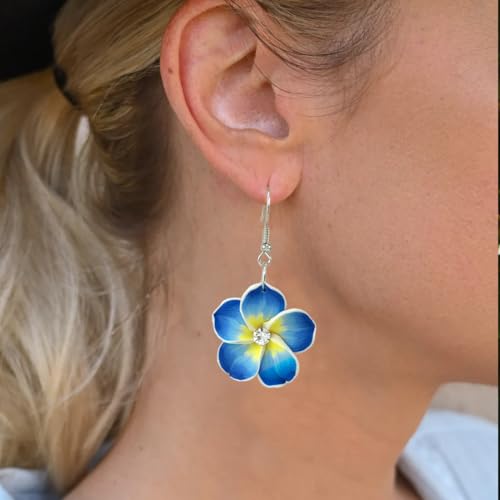 Floral Dangle Earrings for Women Hawaiian Tropical Plumeria Rubra Flower Drop Earrings with Cubic Zirconia Luau Beach Party Vacation Hawaiian Accessories Jewelry Gift - color: Blue