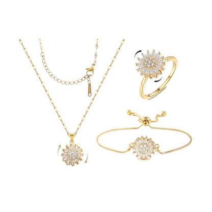 Sunflower Fidget Necklace for Women Gold Moon Necklace Rotating Heart Necklaces Spinning Crystal Flower Anxiety Necklaces Crescent Moons Jewelry Accessories - color: Set