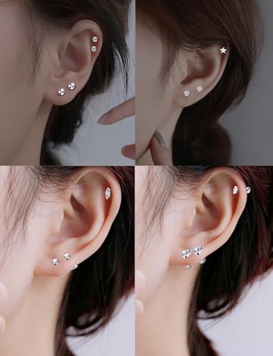 Tornito 9-30Pcs Cartilage CZ Stud Earrings Conch Forward Helix Tragus Daith Piercing Lip Rings Snake Heart Butterfly Jewelry for Women Men 16G Silver Gold Tone - color: B1:30Pcs, Silver Tone