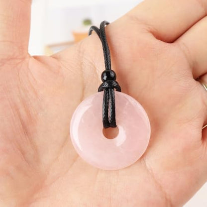 FANASY Natural Gemstone Pendant Necklce Lucky Coin Crystal Necklace Protection Donut Pendnat with Adjustable Rope for Men Women - color: Rose quartz