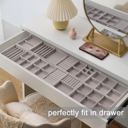 10 Pack Jewelry Organizer Tray Drawer Inserts Stackable Velvet Liner Dividers Customizable Jewellery Box Foam Ring Earring Holder Necklace Bracelet Storage Display Dish Flat in Dresser Vanity - color: Grey