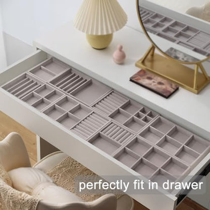 10 Pack Jewelry Organizer Tray Drawer Inserts Stackable Velvet Liner Dividers Customizable Jewellery Box Foam Ring Earring Holder Necklace Bracelet Storage Display Dish Flat in Dresser Vanity - color: Grey