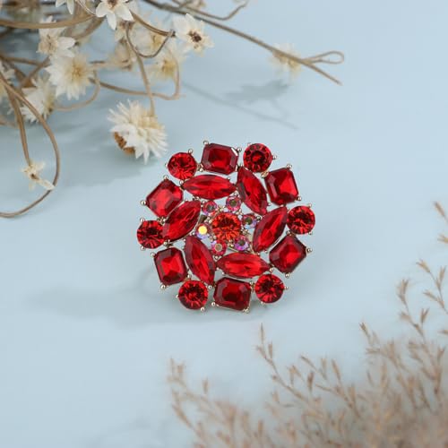 Xerling Red Rhinestone Big Flower Rings Women Crystal Cocktail Party Rings Bridal Wedding Prom Ring Aesthetic Costume Rings for Teens - color: Red