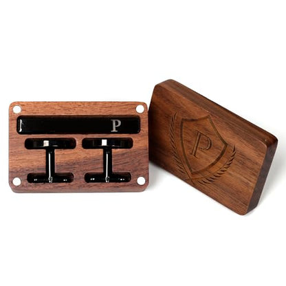 Mens Initial Cufflinks and Tie Clip A-Z Alphabet Letter Black Stainless Cuff Links Tie Bar with Engraved Walnut Wood Box Groom Groomsman Wedding Set - style: Classic-P