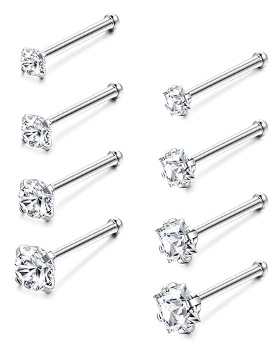 Jstyle 18G 20G Nose Rings Stud for Women Men Silver/Gold Nose Studs 8Pcs | Hypoallergenic 316L Stainless Steel Nose Rings for Sensitive Skin, 1.5/2/2.5/3MM Cubic Zirconia Nose Piercing Jewelry - color: Silver Plated-20G