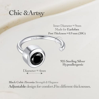 CHIC & ARTSY 925 Sterling Silver Half Hoop Earrings for Women, Dainty Huggie Hoops with Synthetic Opal, Moonstone, CZ & Gemstones, Lightweight Comfort Fit Everyday Elegant Jewelry - color: CZ/Black
