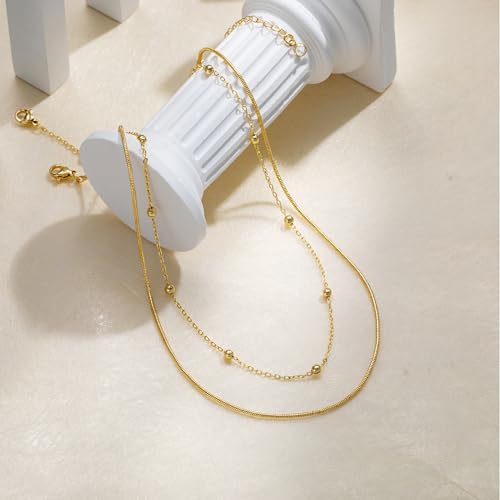 Tewiky Layered Necklaces for Women 14k Gold Plated Chain Necklace Set | Chunky Herringbone/Snake/Rope/Box/Cuban Link Chain for Women, Layering Stack Choker Necklace, Dainty Jewelry Set Non Tarnish - color: Layered Bead Gold