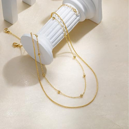 Tewiky Layered Necklaces for Women 14k Gold Plated Chain Necklace Set | Chunky Herringbone/Snake/Rope/Box/Cuban Link Chain for Women, Layering Stack Choker Necklace, Dainty Jewelry Set Non Tarnish - color: Layered Bead Gold