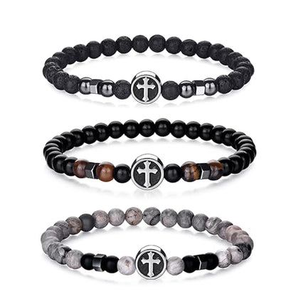 RANKEEF Tiger Eye Bracelet For Men 8MM Natural Stone Stretch Adjustable Black Crystal Beaded Bracelet for Men Women Gifts - color: 3,gray,black