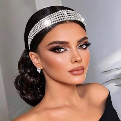 Gold Bridal Head Chain for Women Crystal Headpiece Elastic Layered Wedding Flapper Forehead Jewelry - color: Silver