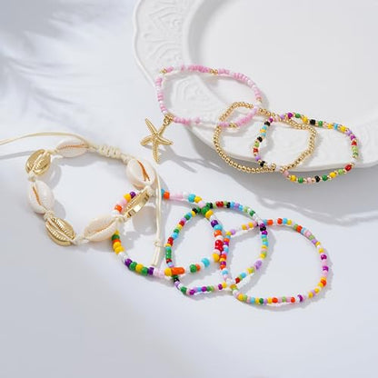 LALAPPLE Shell Bracelet Boho Beaded Stretch Bracelets for Women Seashell Strand Bracelets Starfish Charm Jewelry Summer Beach Jewelry Stackable Crystal Gold Plated Beads Bracelet for Women - style: Style1