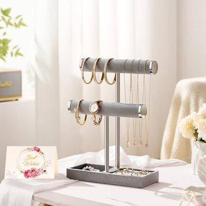 bussdis 2 Tier Bracelet Holder Display, Necklace Holder Organizer, Grey | Velvet Necklace Holder | Jewelry Tree | Jewelry Towers | Jewelry Stand Organizer for Necklaces, Bracelets, Earrings, Rings - color: Grey