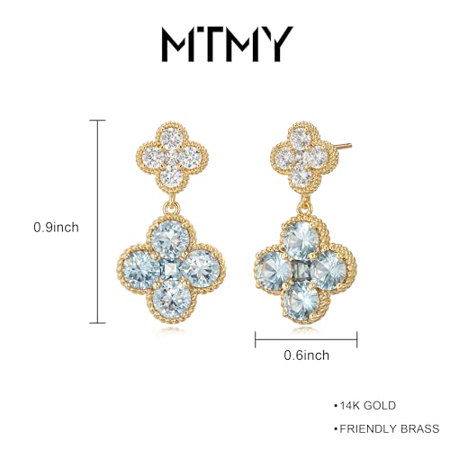 MTMY Dangle Earrings for Women 14K Gold Plated Four Leaf Clover Dangling Drop Birthstone Stud Earrings Trendy Flower Birthstone Jewelry Birthday Gifts - style: Mar.-Aquamarine