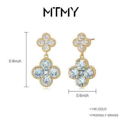 MTMY Dangle Earrings for Women 14K Gold Plated Four Leaf Clover Dangling Drop Birthstone Stud Earrings Trendy Flower Birthstone Jewelry Birthday Gifts - style: Mar.-Aquamarine