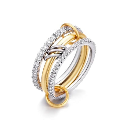 14K Gold Interlocking Stackable Rings for Women – Silver Gold Stack Ring Set with CZ, Two Tone Interlocked Stacked Ring, Multi-layer Statement Ring Jewelry - color: Upgraded 14K Gold&Silver CZ(3Layer), size: 9