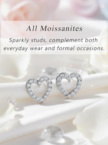 All Moissanites Sparkly Geometric Stud Earrings for Women, Solid 925 Sterling Silver with Rhodium/Gold Plated Hypoallergenic, Lightweight Comfy Earrings - color: Heart - White Gold