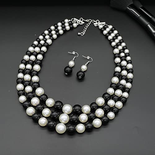 Chunky Layered Imitation Pearl Necklace for Women 3 strand Pearl Necklaces Faux Pearl Necklace Earrings Set 1920s Flapper Gatsby Costume Accessories - color: 3 strand pearl necklace black white