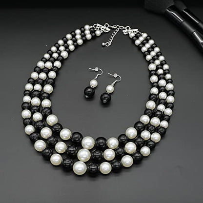 Chunky Layered Imitation Pearl Necklace for Women 3 strand Pearl Necklaces Faux Pearl Necklace Earrings Set 1920s Flapper Gatsby Costume Accessories - color: 3 strand pearl necklace black white