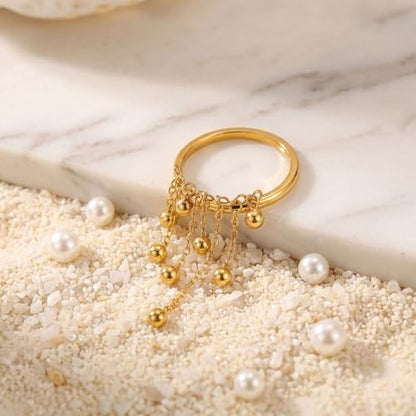 Tiny Ball Tassel Dangle Stacking Thin Band Ring for Women - 18K Golden Plated Stainless Steel Hanging Round Beads Chain Statement Knuckle Finger Rings Band Fashion Birthday Jewelry Size 7 - color: Gold
