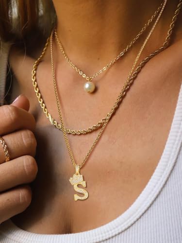 U7 Crown Initial Necklace Men Women, Bling Diamond A-Z 0-9 Letter Pendant with Wheat Chain, Silver/Black/Gold Plated CZ Alphabet Number Hip Hop Jersery for Father Husband - color: a. Gold, size: 19. S