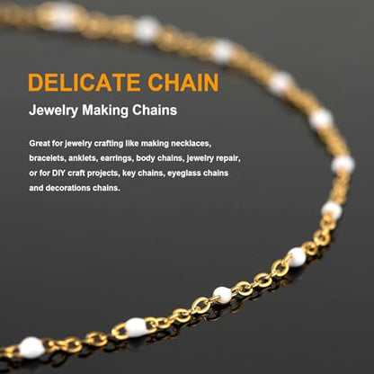 KYUNHOO 16.4 Feet/5M Stainless Steel Enamel Beaded Chain for Jewelry Making | Gold Plated Bulk Necklace Thin Cable Link With Findings for DIY Craft - color: Gold-White-2mm