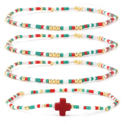 Christian Cross Christmas Stackable Seed Beaded Bracelets for Women, Boho Colorful Healing Stretch Accessories God Christ Pray Faith Amulet Jewelry, Daily Party Holiday Friendship Gift - color: Christmas