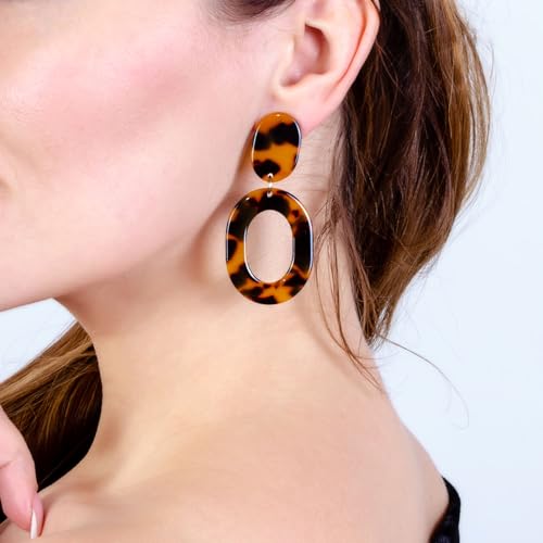 Oval Drop Dangle Earrings for Women, Statement Geometric Ellipse Dangling Earrings - color: Tortoise Color