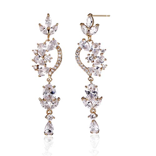 CZ Bridal Earrings for Wedding - 14k Plated Sterling Silver Elegant Teardrop Cubic Zirconia Crystal Rhinestone Floarl Leaf Cluster Chandelier Statement Dangle Drop Earrings for Bride Bridesmaids Party - color: Floral - Gold