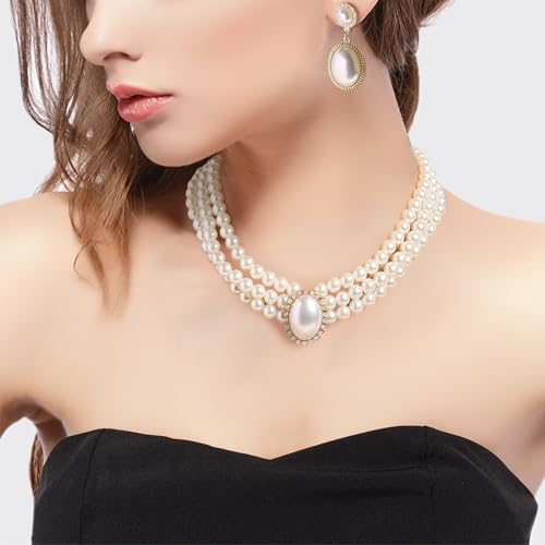 Vintage 1920s Costume Jewelry Multilayer Imitation Pearls Shiny Strand Choker Necklace Large Dangle Earrings for Women Wedding Halloween Cosplay Party Prom Accessories - style: Dangle
