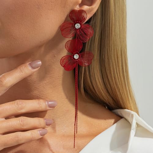 Gold Flower Tassel Dangle Earrings for Women,Boho Chunky Floral Long Fringe Statement Earring,Fashion Spring Jewelry Party Prom Accessories - color: Red