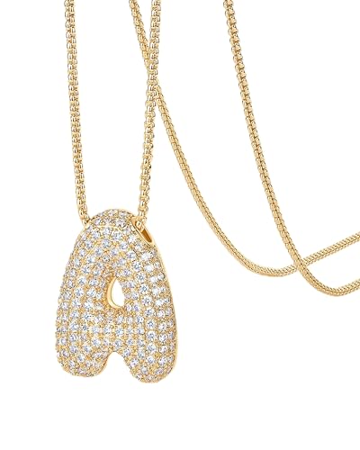 PAVOI 14K Gold Plated Cubic Zirconia Bubble Letter Initial Necklaces for Women | Gold Balloon Necklace Letter | Chunky Pendant Necklaces - style: -A
