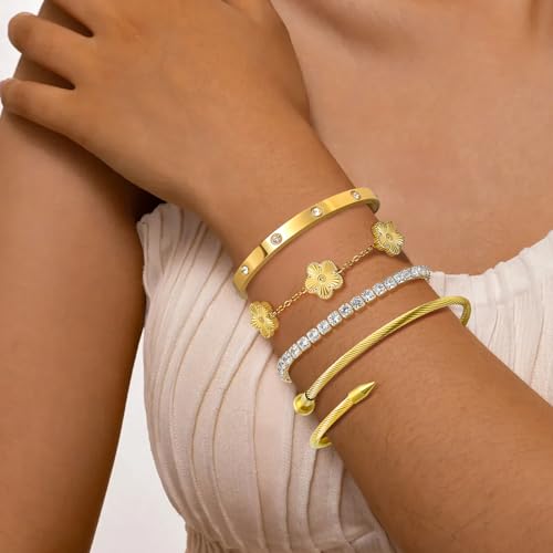 MOINSPIRE Gold Bracelets for Women, 18K Gold Plated Tennis Nail Clover love Bangle Bracelets Set Non Tarnish, Stainless Steel Trendy Stackable Bracelet Fashion Jewelry Accessories Gifts for Christmas - color: A1-Gold