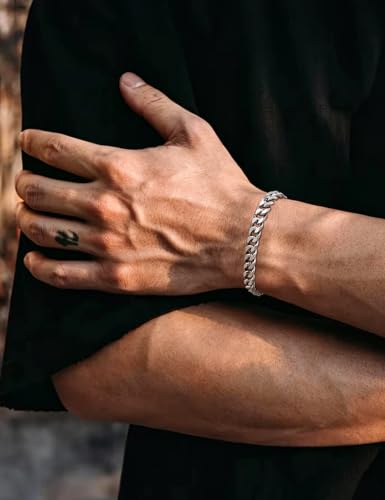 Fiusem Cuban link Bracelets for Men | 5mm/7mm/8mm Width, 7.1"/7.5"/7.9" Length Silver Tone Stainless Steel Bracelets for Men