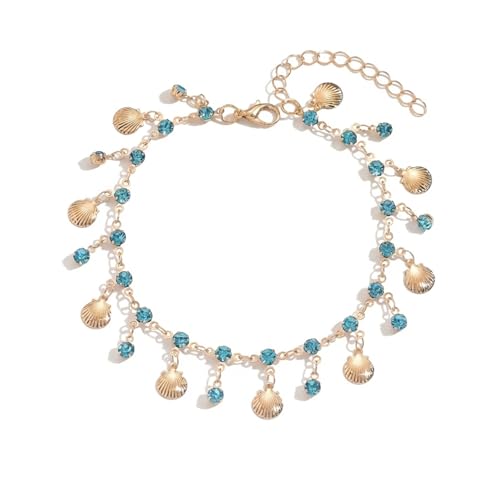 Ankle Bracelets for Women Gold Anklet Set Boho Vacation Gift | Gold anklet set for women 5 styles with matching gift pouch.Boho adjustable non-tarnish jewelry.Perfect present idea. - color: Blueshell