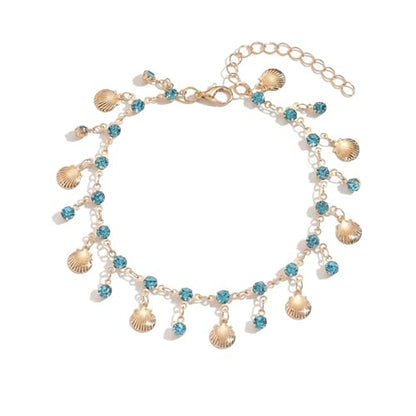 Ankle Bracelets for Women Gold Anklet Set Boho Vacation Gift | Gold anklet set for women 5 styles with matching gift pouch.Boho adjustable non-tarnish jewelry.Perfect present idea. - color: Blueshell