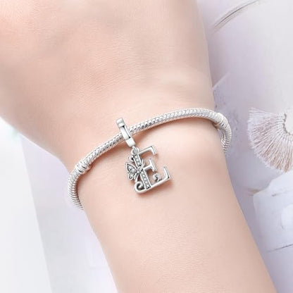 2 Pack 925 Sterling Silver Butterfly Letter Charms for Bracelets and Necklace Alphabet Initial Dangle Pendants Round Spacer Beads Pave Cubic Zirconia Jewelry Gift for Women - color: E Set