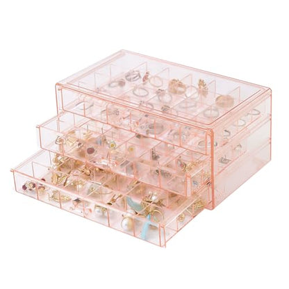 Earring Organizer Box Acrylic Stackable Jewelry Organizer with 3 Drawers 72 Small Compartments Clear Jewelry Display Stand for Stud Earring Ring Pin Display (Pink) - color: Pink