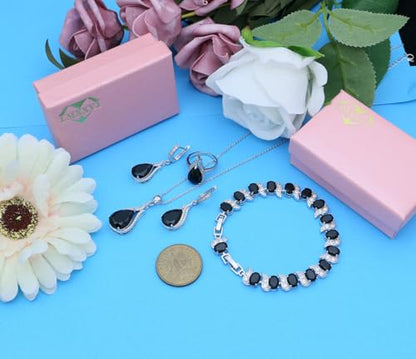 LMXXVJ Jewelry Set for Women,Teardrop Cubic Zirconia Necklace Earrings Adjustable Ring Bracelet Jewelry Set Formal Jewelry Gift - color: ZYSD-White Gold-Black