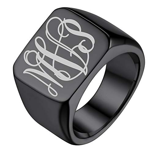 GoldChic Jewelry Personalized Signet Rings Men Women, Stainless Steel Custom Photo Bold Square/Oval Monogram/Old English Initial Pinky Stacking Statement Ring in Black/Silver/Gold (Size 7-14) - color: Black-Monogram -Square