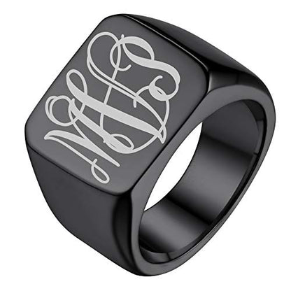 GoldChic Jewelry Personalized Signet Rings Men Women, Stainless Steel Custom Photo Bold Square/Oval Monogram/Old English Initial Pinky Stacking Statement Ring in Black/Silver/Gold (Size 7-14) - color: Black-Monogram -Square