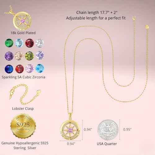 Compass Necklace for Women Wife Girlfriend Mom Daughter Gifts | S925 Silver Jewelry For Anniversary 18K Rose Gold Gifts For Birthday Christmas Mothers Valentines Day 12 Birthstones - style: 10-October-Gold