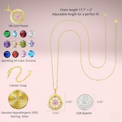 Compass Necklace for Women Wife Girlfriend Mom Daughter Gifts | S925 Silver Jewelry For Anniversary 18K Rose Gold Gifts For Birthday Christmas Mothers Valentines Day 12 Birthstones - style: 10-October-Gold