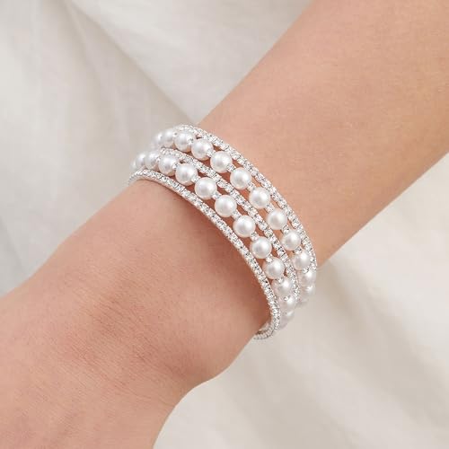 Pearl Stretch Cuff Bracelet for Women Adjustable Multilaye Rhinestone Crystal Bracelet Wedding Party Brides Bridesmaid Jewelry - color: A style