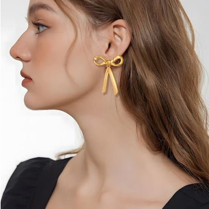 Gold Silver Bow Drop Earrings for Women Long Tassel Chain Bow Earrings Ribbon Bowknot Dangle Earrings Jewelry Gifts - color: Gold Bow E