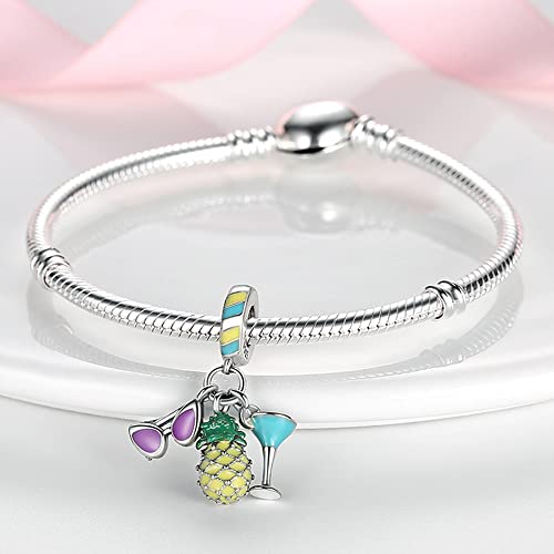 Pandach 925 Sterling Silver Charms for Bracelets and Necklaces Travel Round The World Beads Charms Relaxation Dangle Pendant,Jewelry Beads Gifts for Women - style: Pineapple Wine Glass Sunglasses Charm